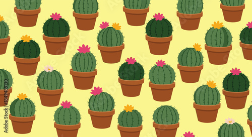 A cheerful seamless pattern with cartoon potted cacti and colorful flowers on a bright yellow background, ideal for textiles or digital designs.