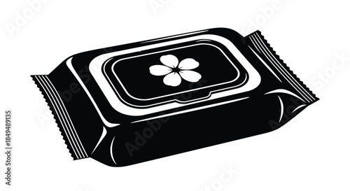 A clean, black and white graphic illustration of a modern wet wipes package, featuring a simple flower emblem on its resealable lid.