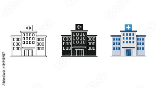 Set of hospital building icons and illustrations in outline, silhouette and color styles