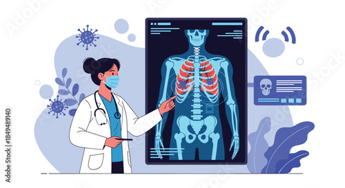 A female doctor in a medical mask analyzes a chest x-ray showing lungs infected by a virus, like coronavirus or pneumonia.