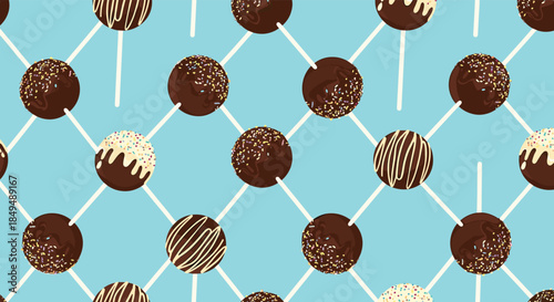 A delightful seamless pattern featuring various chocolate cake pops adorned with sprinkles and drizzles on a vibrant blue background.