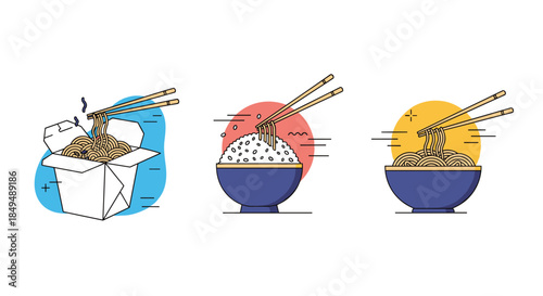 Illustrations of various popular Asian dishes like noodles and rice, served in bowls and a takeout box with chopsticks.