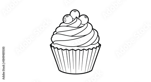 Minimalist black and white line art illustration of a sweet cupcake with swirled frosting and three berries on top, ideal for a coloring page or simple graphic.