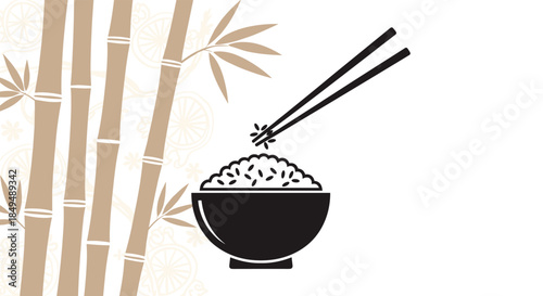 Vector illustration of a bowl of white rice with chopsticks picking up grains, accompanied by elegant bamboo and traditional patterns.