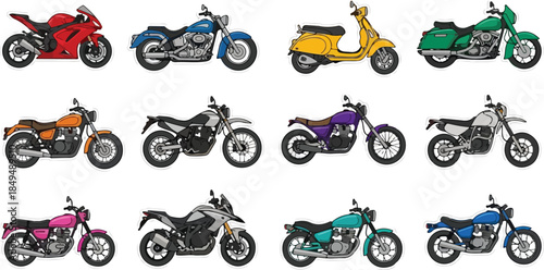 Diverse Collection of Motorcycle Illustrations on White