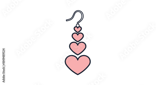 A charming single dangling earring featuring five progressively smaller pink hearts suspended from an ear hook, presented in a clean vector style.