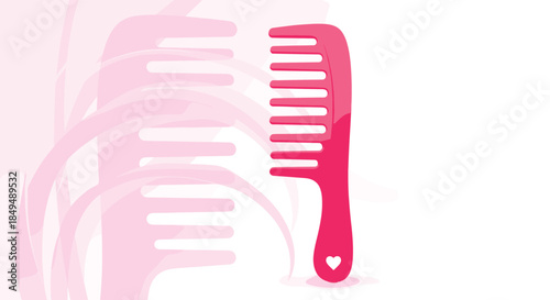 A vibrant pink comb with a heart cutout on the handle, standing against a soft pink and white background with subtle, abstract comb patterns.