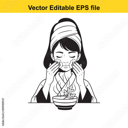  woman applying facial treatment with steam from a bowl vector illustration