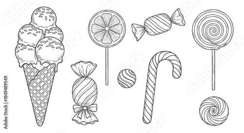 A set of vintage-style hand-drawn sweets and candies, including an ice cream cone, lollipops, and a candy cane sketch.