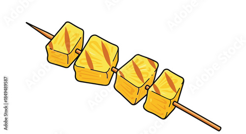 A simple illustration of juicy grilled pineapple chunks skewered on a wooden stick, perfect for a sweet barbecue snack or tropical dessert.