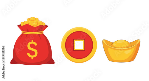 Illustrative set of financial prosperity symbols, including a red money bag with gold coins, a traditional Chinese coin, and a shining gold ingot.
