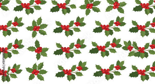 Festive seamless pattern of classic Christmas holly branches adorned with vibrant red berries and dark green leaves on a clean white background.