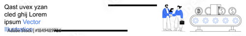 Business automation, cryptocurrency, digital economy, teamwork, technology integration, blockchain. Two individuals in front of a machine with currency symbols. Business automation and cryptocurrency