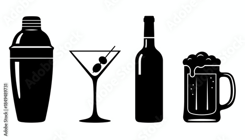 A collection of four drink-related objects on a table indoors today