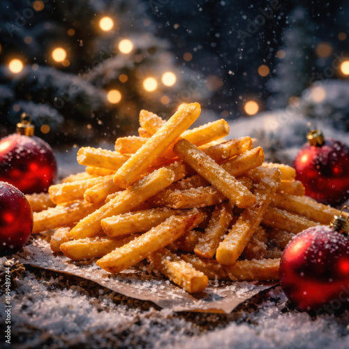 Crispy golden french fry arranged with festive red ornament on snowy surface creating magical holiday atmosphere with bokeh light and winter celebration mood