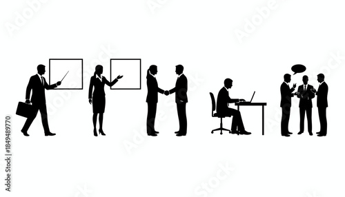 Business professionals interact in office setting with teamwork and presentation