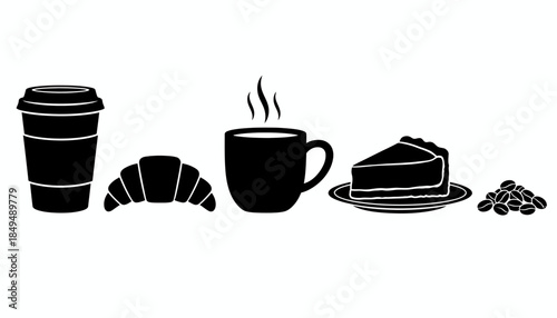 Generated Image of a steaming coffee cup, croissant, cake slice, coffee cup to go, and coffee beans on a plate at 10_10AM.ai