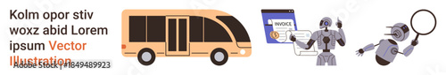 Artificial intelligence, autonomous vehicles, robotics, digital payments, machine learning, innovation. A bus, robots holding documents and magnifying glass. Artificial intelligence and autonomous
