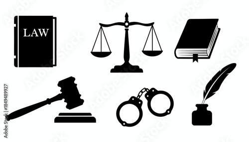 Black and White Justice Symbols Illustration Featuring Law Book Gavel Scales Handcuffs and Quill