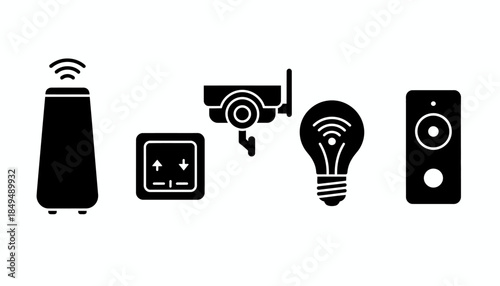 Smart Home Devices Illustration Featuring Wi-Fi Speaker, Security Camera, and Smart Lighting