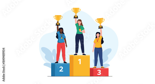 Three diverse women stand on a winner's podium, celebrating their victory and success by holding up golden trophies.