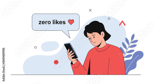 A sad young person looks at their smartphone and sees a "zero likes" notification, illustrating social media anxiety.