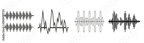 Podcast sound waves. Audio waveforms line icons, sound wave frequency or voice microphone signals. Music, podcast and broadcast, UI and audio branding design. Isolated vector set