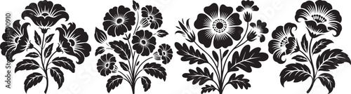 Stylized black floral ornament illustration inspired by traditional folk art for modern design
