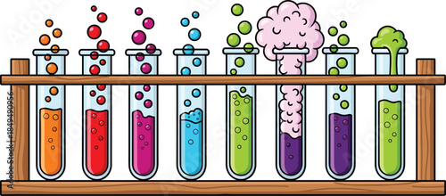 A vibrant illustration of a science experiment with various colorful liquids bubbling and reacting in test tubes on a wooden rack, depicting the exciting world of chemistry