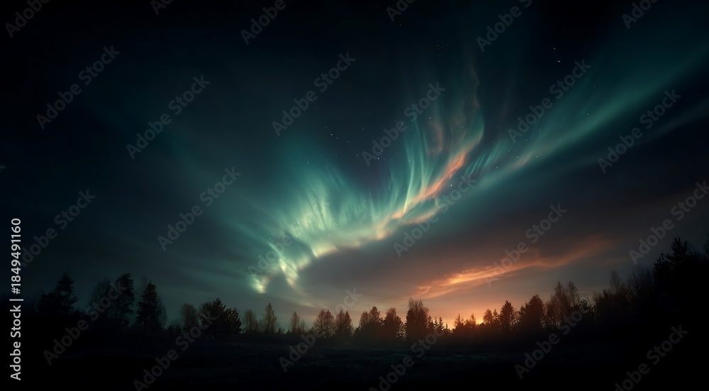 Fototapeta premium Vibrant aurora borealis dancing across night sky with trees