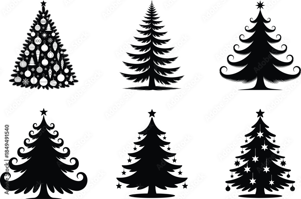 Obraz premium Christmas Tree Silhouette Vector Illustration. Holiday Pine Tree, Seasonal Holiday Design Element, Holiday Decoration Graphic Vector Design.