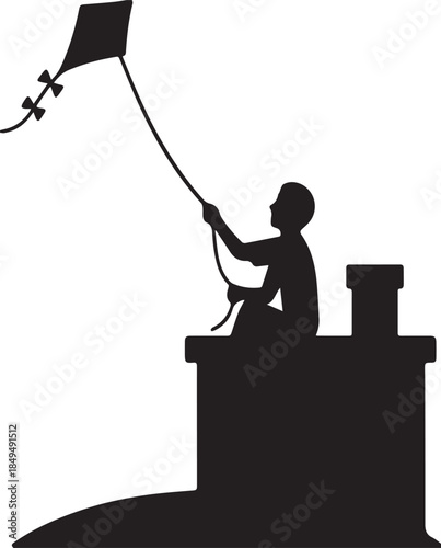  Silhouette boy flying kite sitting on chimney vector illustration