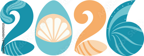 2026 crafted from seashells, beautifully arranged on white background, creative numeric art, beach-inspired decoration, unique summer design, perfect for holiday, seasonal, and craft projects