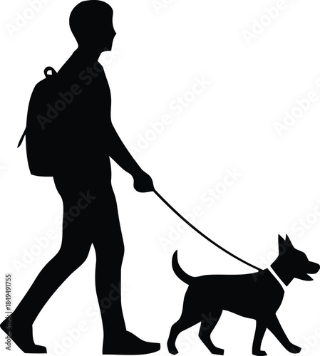 Silhouette of a person with a backpack walking a small dog on a leash