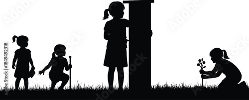 Four young girls playing outdoors, one measuring height against a post, one planting a small tree in the grass silhouette