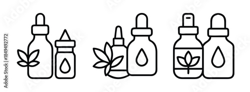 Herbal Medicine Bottles with Dropper Lids and Leaves Illustration