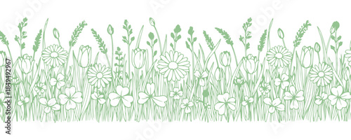 Spring flowers create a horizontal border. The line doodle showcases a repeated outline illustration that includes daisies, clovers, tulips, and other types of field grass. 