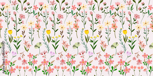 Colorful seamless floral patterns and garden elements in spring designs. Hand-painted exotic flowers, seamless patterns, flowers for fabric, textiles, clothing, gift wrapping, covers, banners, home de