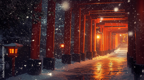 Snowy Red Torii Gate Corridor at Night With Lanterns and Glowing Pathway. A tranquil, snow-filled night scene featuring a long corridor of red torii gates, illuminated by warm lanterns