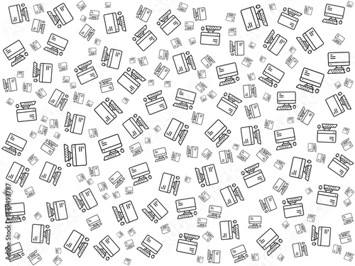 A repeating pattern of scattered line art icons depicting computers and credit cards on a white background.