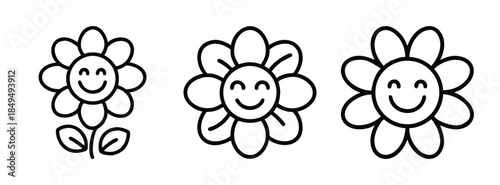 Smiling Cartoon Flowers with Black Outlines on White Background for Kids and Adults
