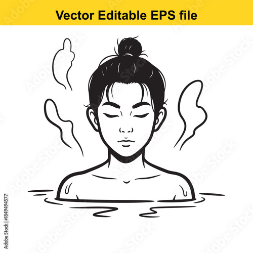 woman relaxing in water with steam rising around her face vector illustration
