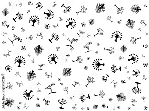 Seamless pattern of various stylized black tree and plant icons on a white background, creating a natural and organic design.
