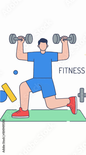 Flat vector illustration of fitness workout, character exercising with dumbbells, clean modern style, simple shapes, bold outline, minimal detail, health and sport concept, white background