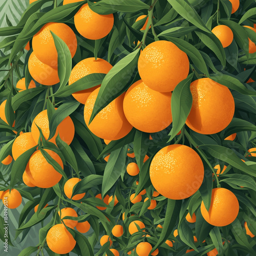 Ripe Oranges Hanging on Tree Branches Botanical Vector Illustration