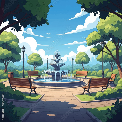 Fountain in a park with benches.