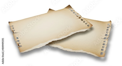 Vintage Parchment Papers with Torn Edges and Burnt Corners in Warm Beige Tones on White Background for Historical Design