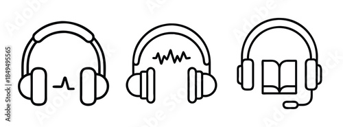 Headphone Icons with Sound Wave and Book Symbols for Audio and Educational Content