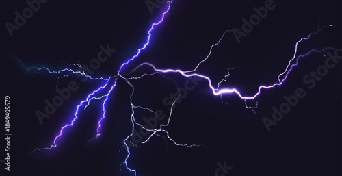 Blue thunder bolt light and electric energy discharge in form of circle on black background. Realistic 3d vector illustration round frame from storm lightning power effect.