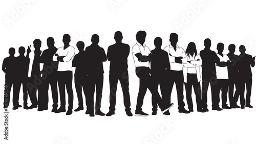 Large diverse group of standing confident people silhouettes in a row against a white background